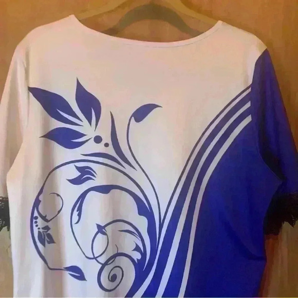 rosegal plus size tops 1X Blue With Lace Short Sleeve Crew Neck - Picture 11 of 13